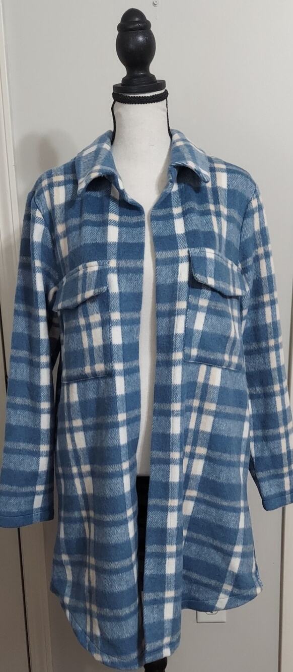 Melloday Country Blue Plaid Longline Shacket with Pockets Women’s Size Small